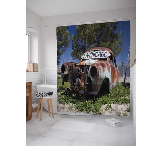 Штора (занавеска) для ванной JoyArty "Скелет машиы" из сатена, 180х200 см с крючками, sc_17114 1