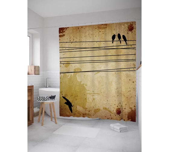 Штора (занавеска) для ванной JoyArty "Птицы на проводах" из сатена, 180х200 см с крючками, sc_16699 1