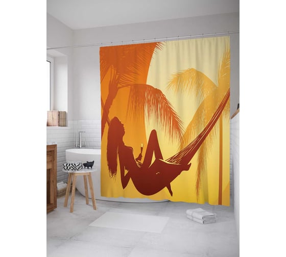 Штора (занавеска) для ванной JoyArty "Тропическая девушка" из сатена, 180х200 см с крючками, sc_13917 1
