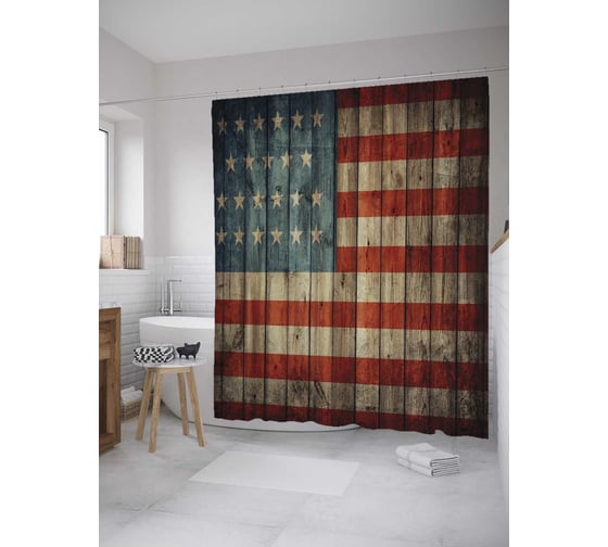 Штора (занавеска) для ванной JoyArty "Флаг США на рейках" из сатена, 180х200 см с крючками, sc_10171 1