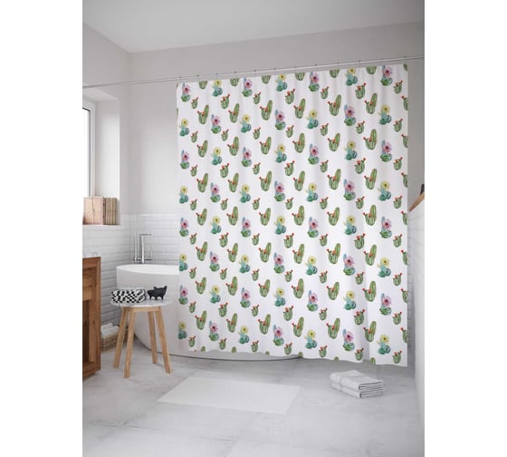 Штора (занавеска) для ванной JoyArty "Кактусы и цветы" из сатена, 180х200 см sc_378377 1