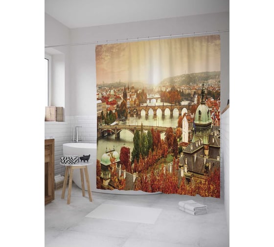 Штора (занавеска) для ванной JoyArty "Городской закат" из сатена, 180х200 см с крючками, sc_10542