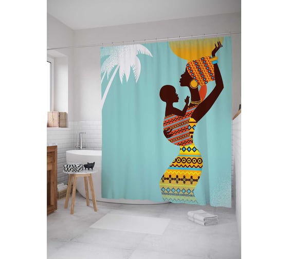 Штора (занавеска) для ванной JoyArty "Дети Африки" из сатена, 180х200 см с крючками, sc_23229 1