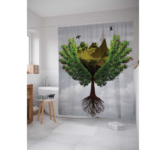 Штора (занавеска) для ванной JoyArty "Остров на дереве" из сатена, 180х200 см с крючками, sc_22429 1