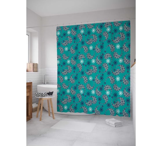 Штора (занавеска) для ванной JoyArty "Клетка из цветов" из сатена, 180х200 см с крючками, sc_21958 1