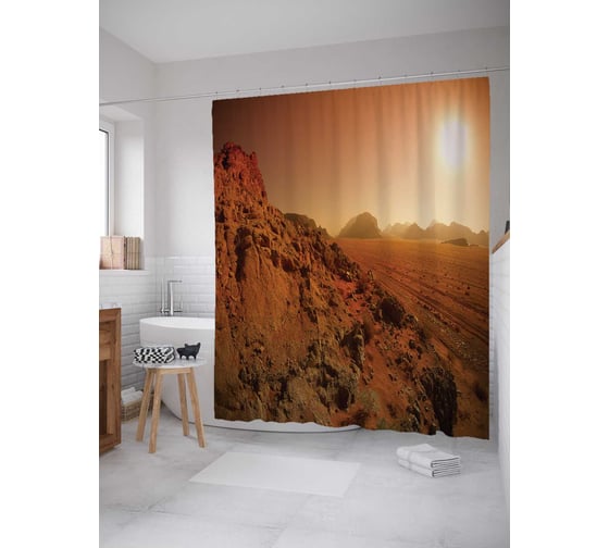 Штора (занавеска) для ванной JoyArty "Жаркие земли" из сатена, 180х200 см с крючками, sc_23708 1