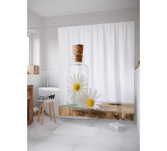 Штора (занавеска) для ванной JoyArty "Ромашковый аромат" из сатена, 180х200 см с крючками, sc_20848 1