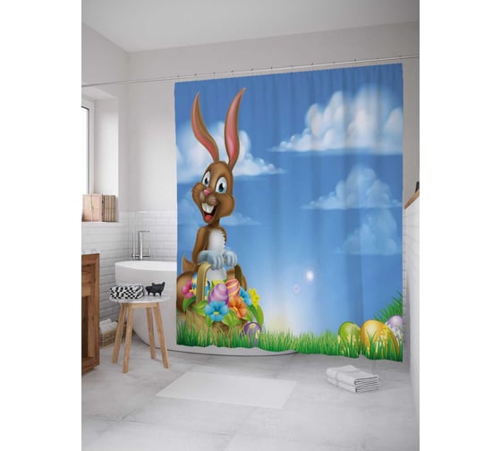 Штора (занавеска) для ванной JoyArty "Праздник для кролика" из сатена, 180х200 см с крючками, sc_25679