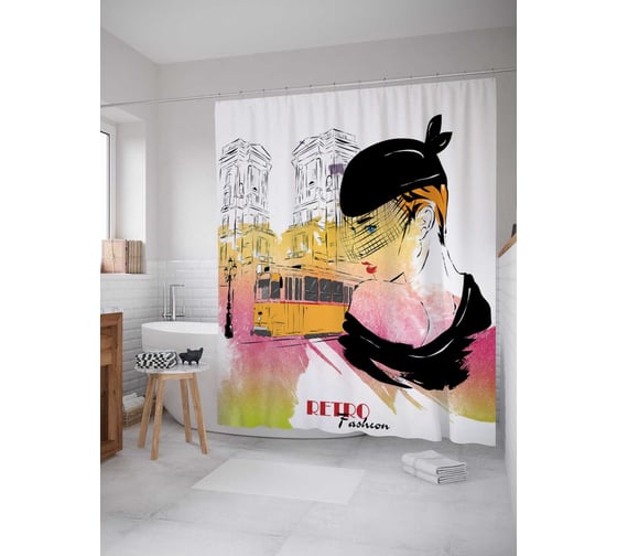 Штора (занавеска) для ванной JoyArty "Модное ретро" из сатена, 180х200 см с крючками, sc_21044 1