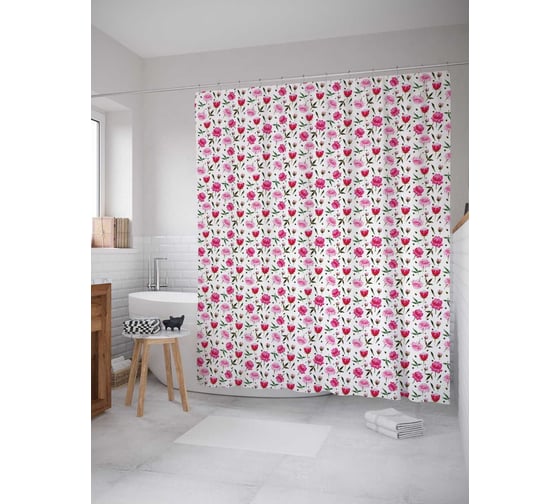 Штора (занавеска) для ванной JoyArty "Розовые и малиновые цветы" из сатена, 180х200 см с крючками, sc_262019 1