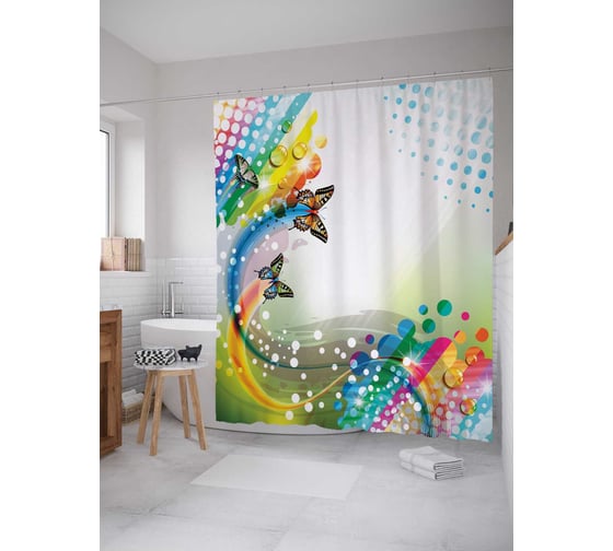 Штора (занавеска) для ванной JoyArty "Радужный шлейф и бабочки" из сатена, 180х200 см с крючками, sc_20929 1