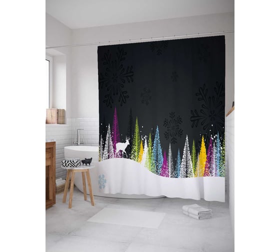 Штора (занавеска) для ванной JoyArty "Радужный зимний лес" из сатена, 180х200 см с крючками, sc_20017 1