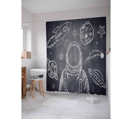 Штора (занавеска) для ванной JoyArty "Мечтательный космонавт" из сатена, 180х200 см с крючками, sc_21078 1