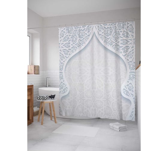 Штора (занавеска) для ванной JoyArty "Восточная арка с белыми узорами" из сатена, 180х200 см с крючками, sc_19993 1