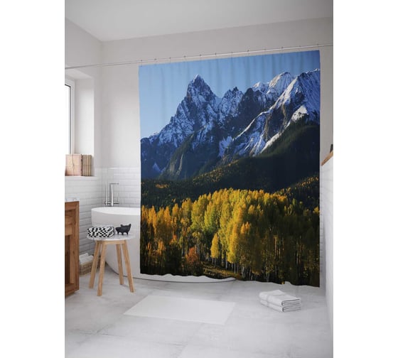Штора (занавеска) для ванной JoyArty "Лес, переходящий в горы" из сатена, 180х200 см с крючками, sc_21523 1