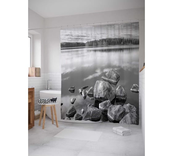 Штора (занавеска) для ванной JoyArty "Серое настроение" из сатена, 180х200 см с крючками, sc_18090 1