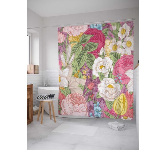 Штора (занавеска) для ванной JoyArty "Цветочная картина" из сатена, 180х200 см с крючками, sc_2862 1