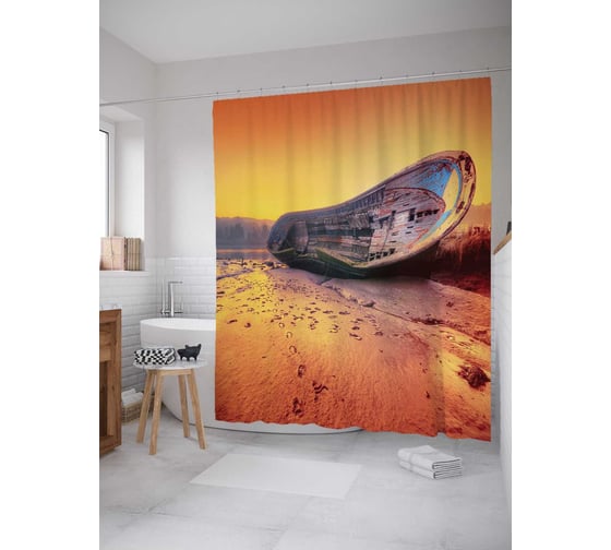 Штора (занавеска) для ванной JoyArty "Брошенная лодка" из сатена, 180х200 см с крючками, sc_20521 1