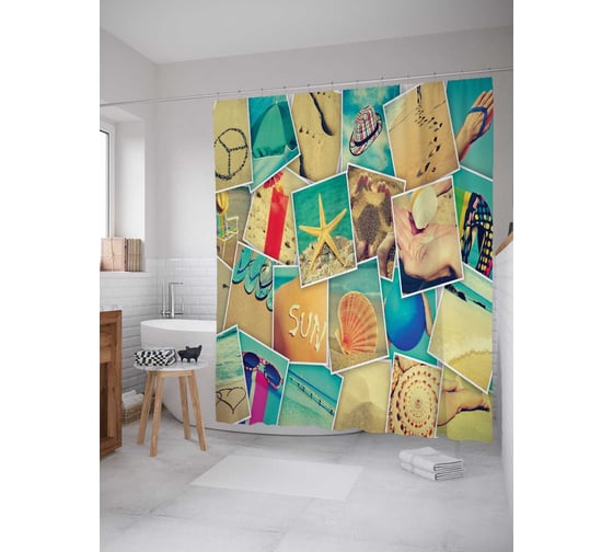 Штора (занавеска) для ванной JoyArty "Памятные фотографии" из сатена, 180х200 см с крючками, sc_2391 1