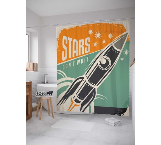 Штора (занавеска) для ванной JoyArty "Старт не может ждать" из сатена, 180х200 см с крючками, sc_20826 1