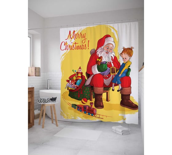 Штора (занавеска) для ванной JoyArty "Новогодний санта" из сатена, 180х200 см с крючками, sc_20027 1