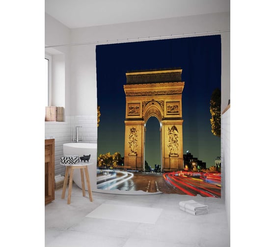 Штора (занавеска) для ванной JoyArty "Парижская арка" из сатена, 180х200 см с крючками, sc_12269 1