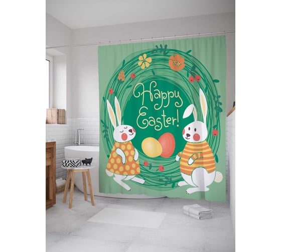 Штора (занавеска) для ванной JoyArty "Семейная пары зайчиков" из сатена, 180х200 см с крючками, sc_25670 1