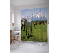 Штора (занавеска) для ванной JoyArty "Лошади на горном пастбище" из сатена, 180х200 см с крючками, sc_20751
