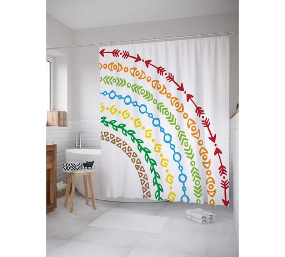 Штора (занавеска) для ванной JoyArty "Полукруги с узорами и стрелами" из сатена, 180х200 см с крючками, sc_15284 1