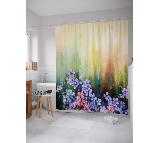 Штора (занавеска) для ванной JoyArty "Цветочные переходы" из сатена, 180х200 см с крючками, sc_21153 1