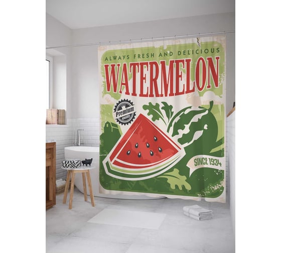 Штора (занавеска) для ванной JoyArty "Арбузное счастье" из сатена, 180х200 см с крючками, sc_13171 1