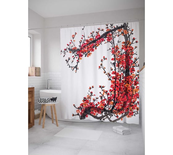 Штора (занавеска) для ванной JoyArty "Ветка в цветах" из сатена, 180х200 см с крючками, sc_19996 1
