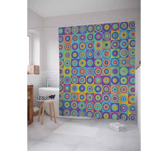 Штора (занавеска) для ванной JoyArty "Разноцветные кружочки" из сатена, 180х200 см с крючками, sc_207101 1