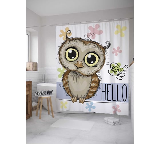 Штора (занавеска) для ванной JoyArty "Совиный привет" из сатена, 180х200 см с крючками, sc_10798 1