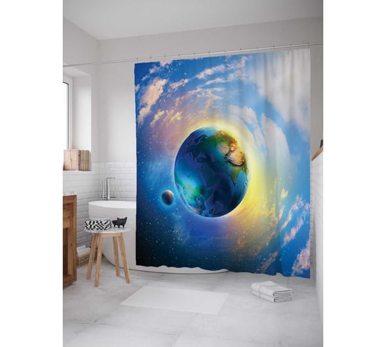 Штора (занавеска) для ванной JoyArty "Проекция земли" из сатена, 180х200 см с крючками, sc_20843 1