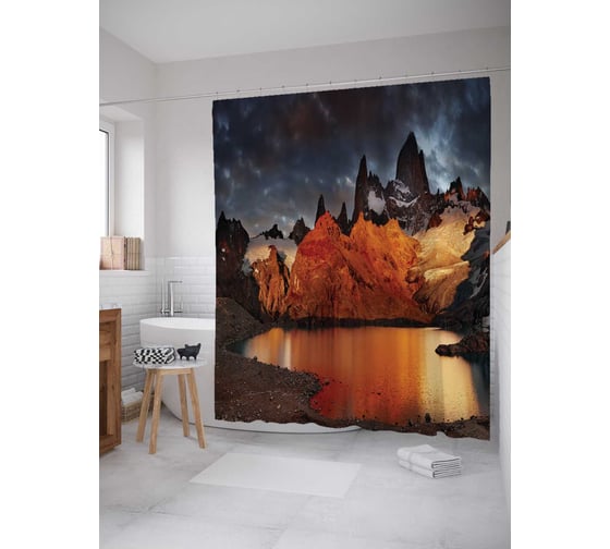 Штора (занавеска) для ванной JoyArty "Ночные горы" из сатена, 180х200 см с крючками, sc_20742