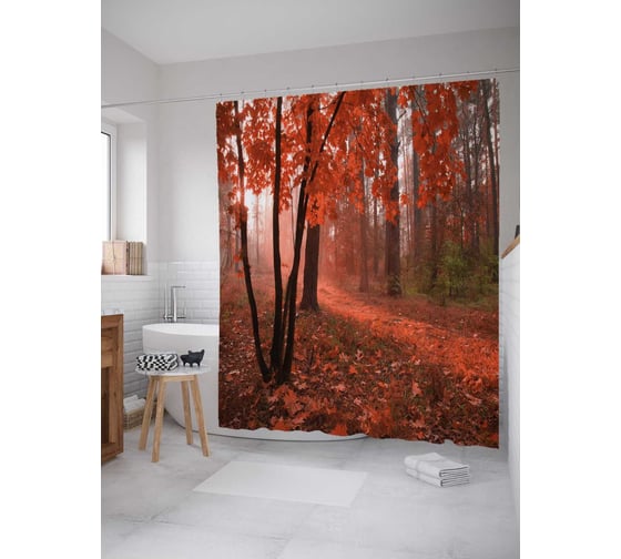 Штора (занавеска) для ванной JoyArty "Красный лес" из сатена, 180х200 см с крючками, sc_18831 1