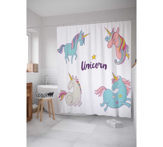 Штора (занавеска) для ванной JoyArty "Друзья единороги" из сатена, 180х200 см с крючками, sc_19540 1