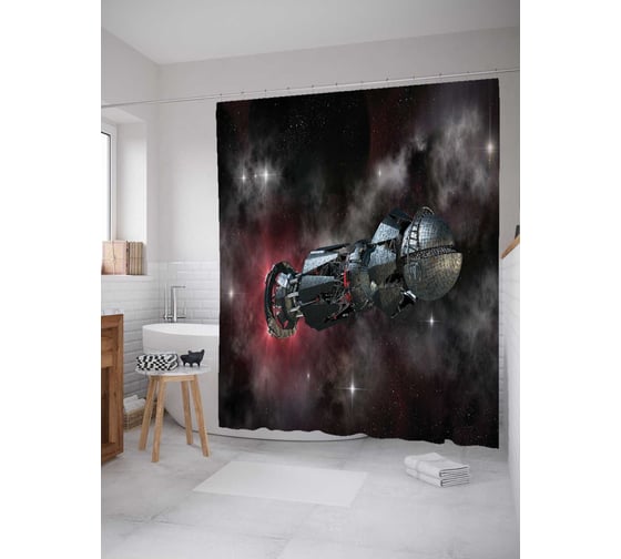 Штора (занавеска) для ванной JoyArty "Космическая станция" из сатена, 180х200 см с крючками, sc_23711 1