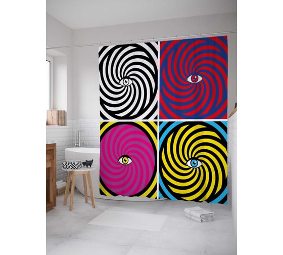 Штора (занавеска) для ванной JoyArty "Цветные спирали с глазом" из сатена, 180х200 см с крючками, sc_18630 1