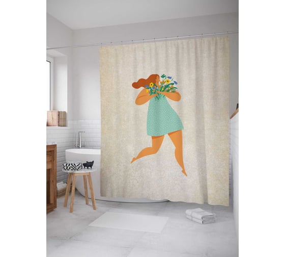 Штора (занавеска) для ванной JoyArty "Девушка в платье с букетом" из сатена, 180х200 см с крючками, sc_213176 1