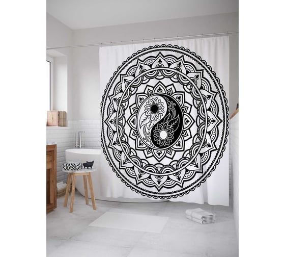 Штора (занавеска) для ванной JoyArty "Цветы Инь и ян" из сатена, 180х200 см с крючками, sc_18607