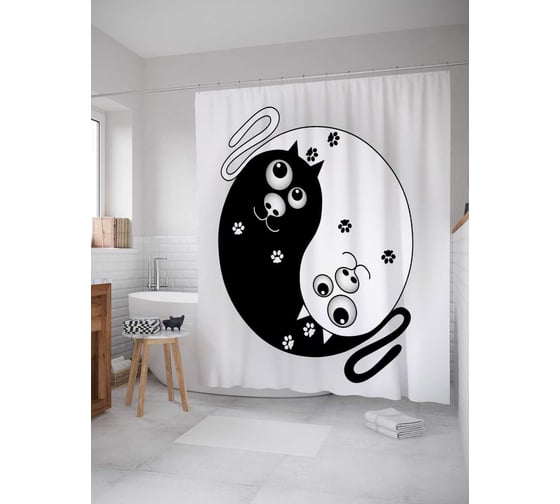 Штора (занавеска) для ванной JoyArty "Инь и ян коты" из сатена, 180х200 см с крючками, sc_18578 1