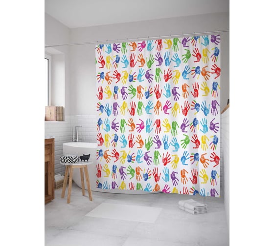 Штора (занавеска) для ванной JoyArty "Радужные ладони" из сатена, 180х200 см с крючками, sc_20927 1