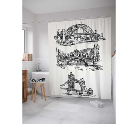 Штора (занавеска) для ванной JoyArty "Разные мосты" из сатена, 180х200 см с крючками, sc_18063