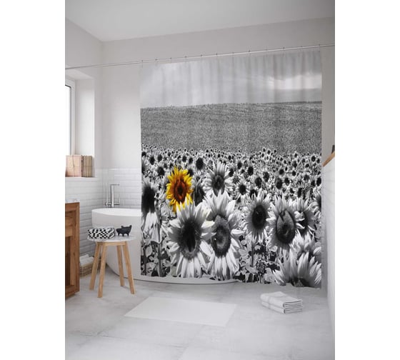 Штора (занавеска) для ванной JoyArty "Подсолнух выделяется" из сатена, 180х200 см с крючками, sc_21069
