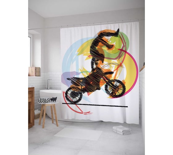 Штора (занавеска) для ванной JoyArty "Опасный трюк" из сатена, 180х200 см с крючками, sc_17787 1