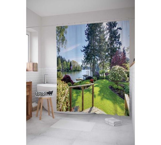 Штора (занавеска) для ванной JoyArty "Лесной пейзаж" из сатена, 180х200 см с крючками, sc_19624 1
