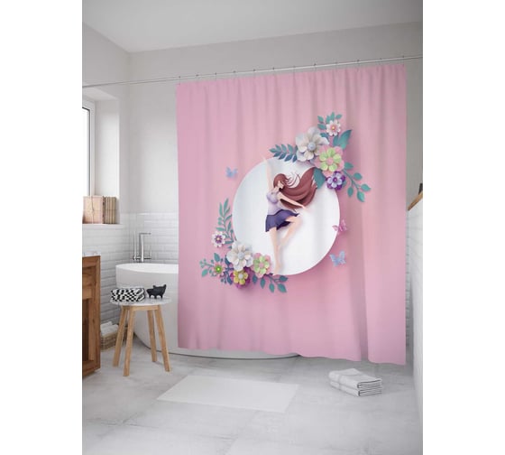 Штора (занавеска) для ванной JoyArty "Девушка в танце с цветами" из сатена, 180х200 см с крючками, sc_213177 1