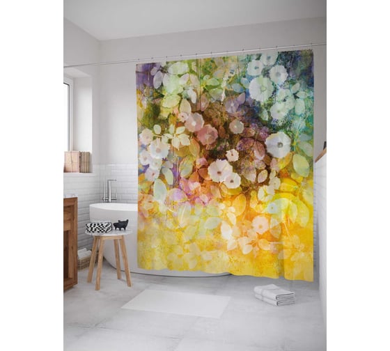 Штора (занавеска) для ванной JoyArty "Красочный сон с цветами" из сатена, 180х200 см с крючками, sc_21111